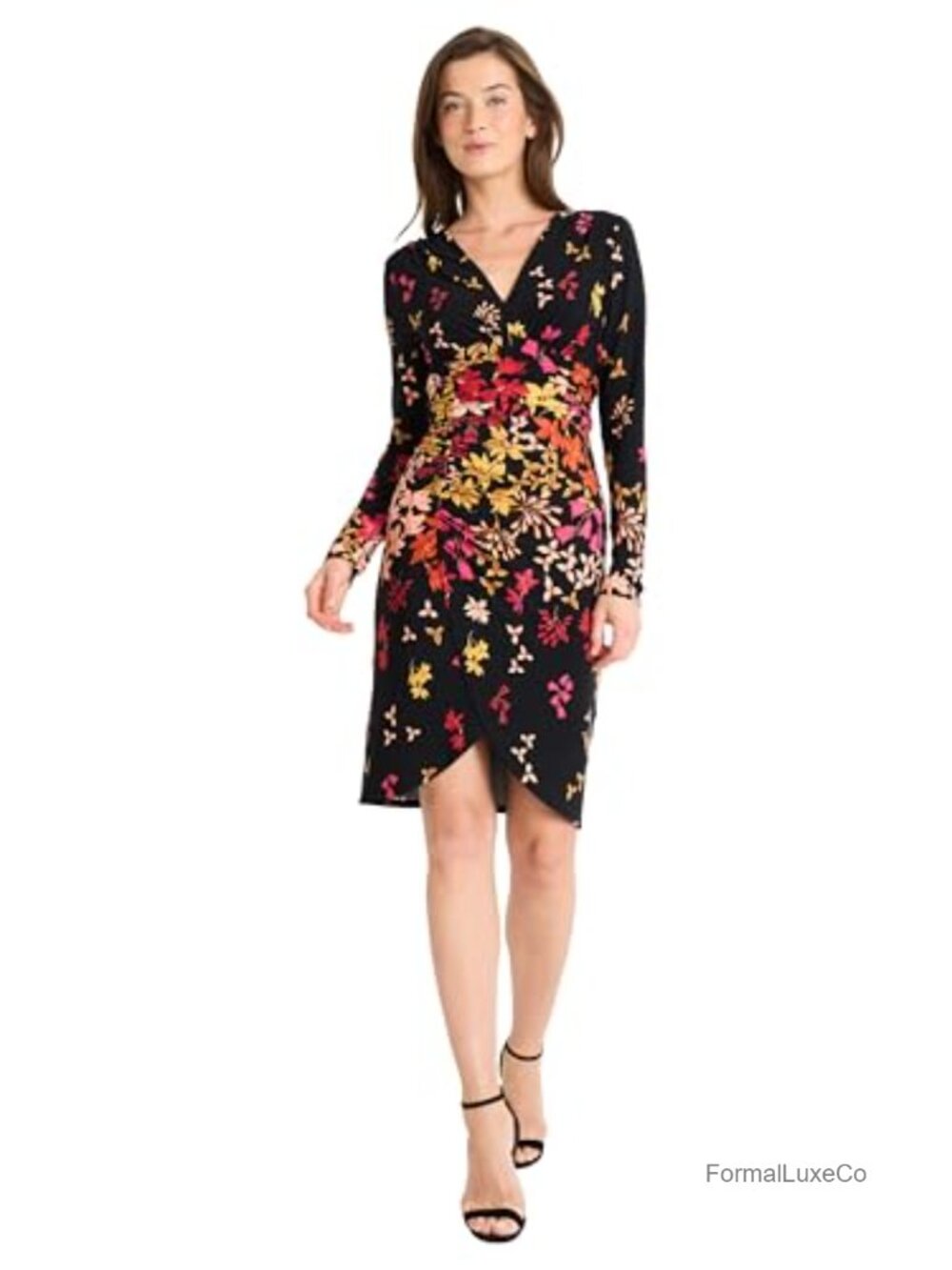 V-Neck Dress with Draped Tulip Skirt Long Sleeve Floral Fitted Bodycon